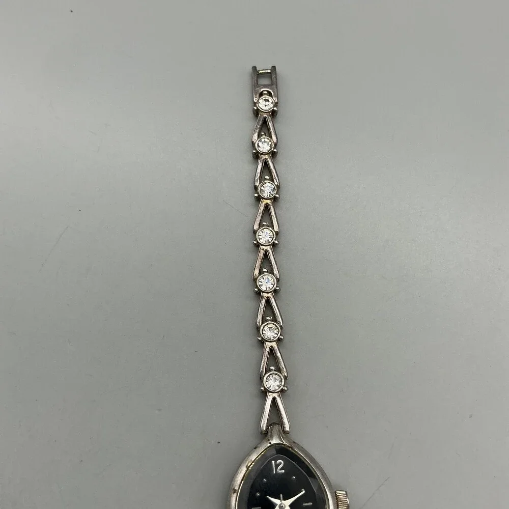Vtg Avon Women Watch 19mm Black Dial Silver Tone Oval Crystals New Battery 7.25